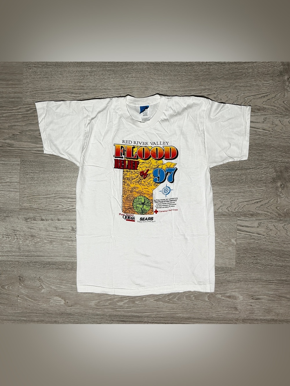 Vintage 1997 Sears Red River Valley Flood Relief White Graphic T-Shirt